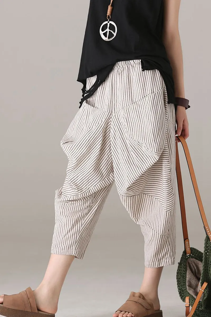 Loose Striped Harem Pants Women Cotton Linen Trouser
