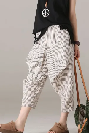 Loose Striped Harem Pants Women Cotton Linen Trouser