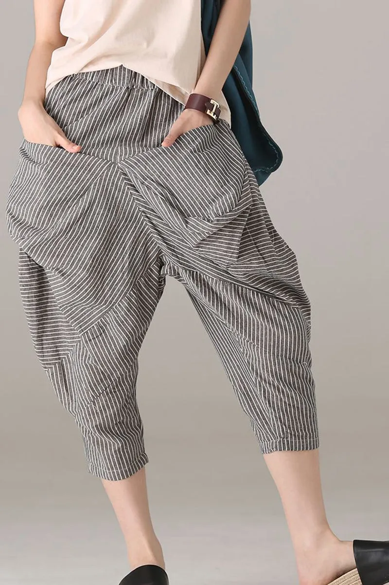 Loose Striped Harem Pants Women Cotton Linen Trouser