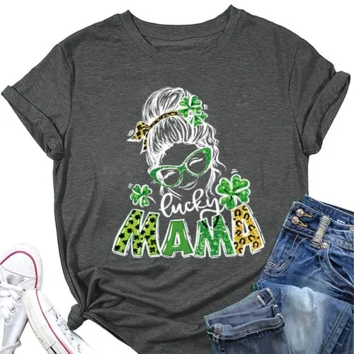 Lucky Mama T-Shirt Women St Patricks Day Gift for Mama