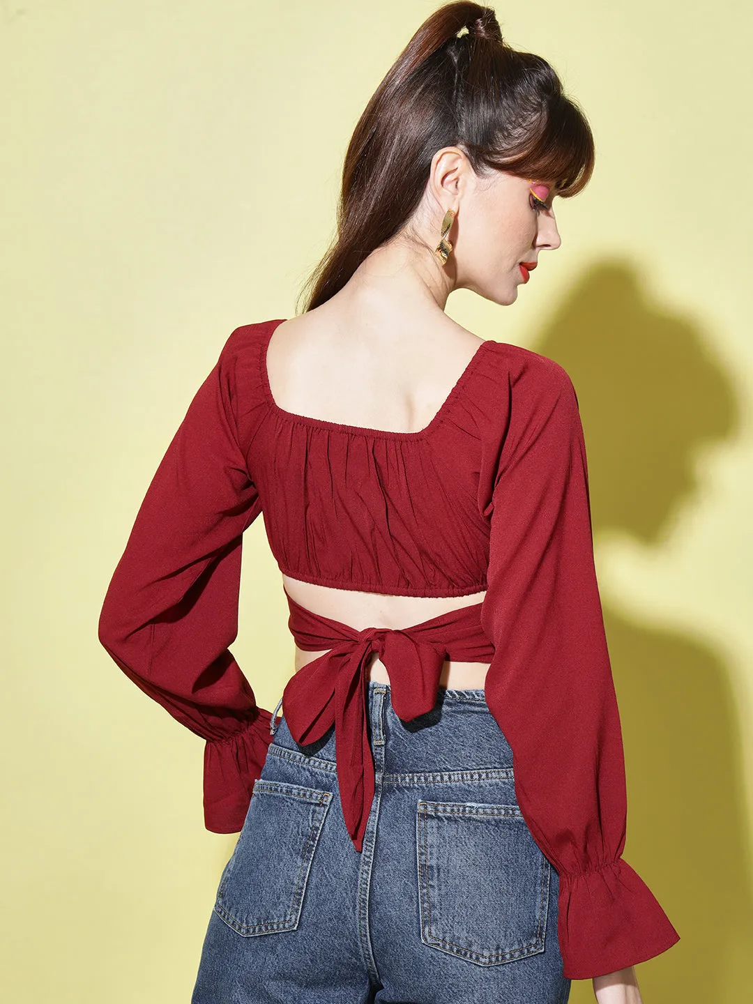 Maroon Solid Crepe Crop Top