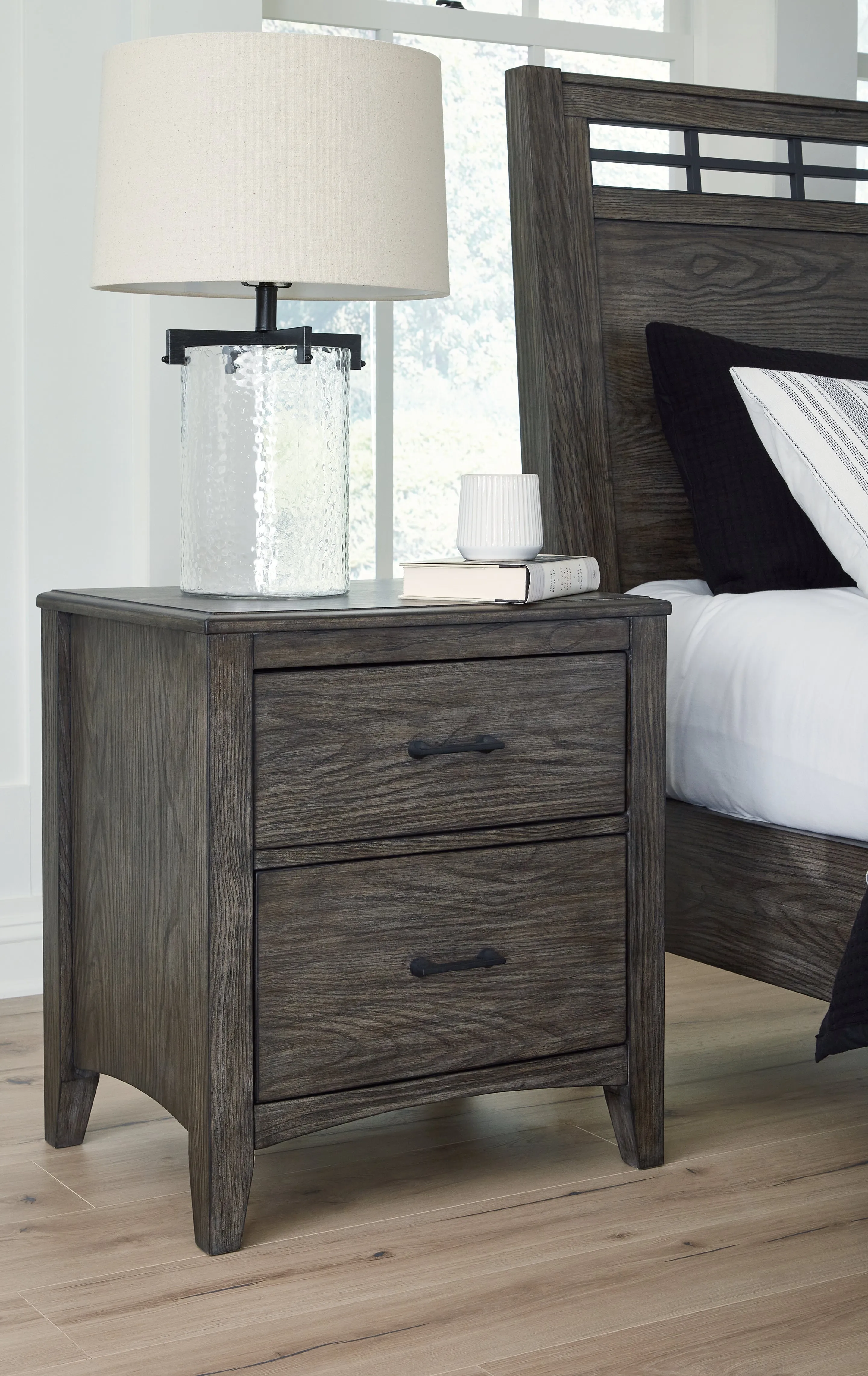 Montillan Queen Panel Bed with Mirrored Dresser and 2 Nightstands in Grayish Brown