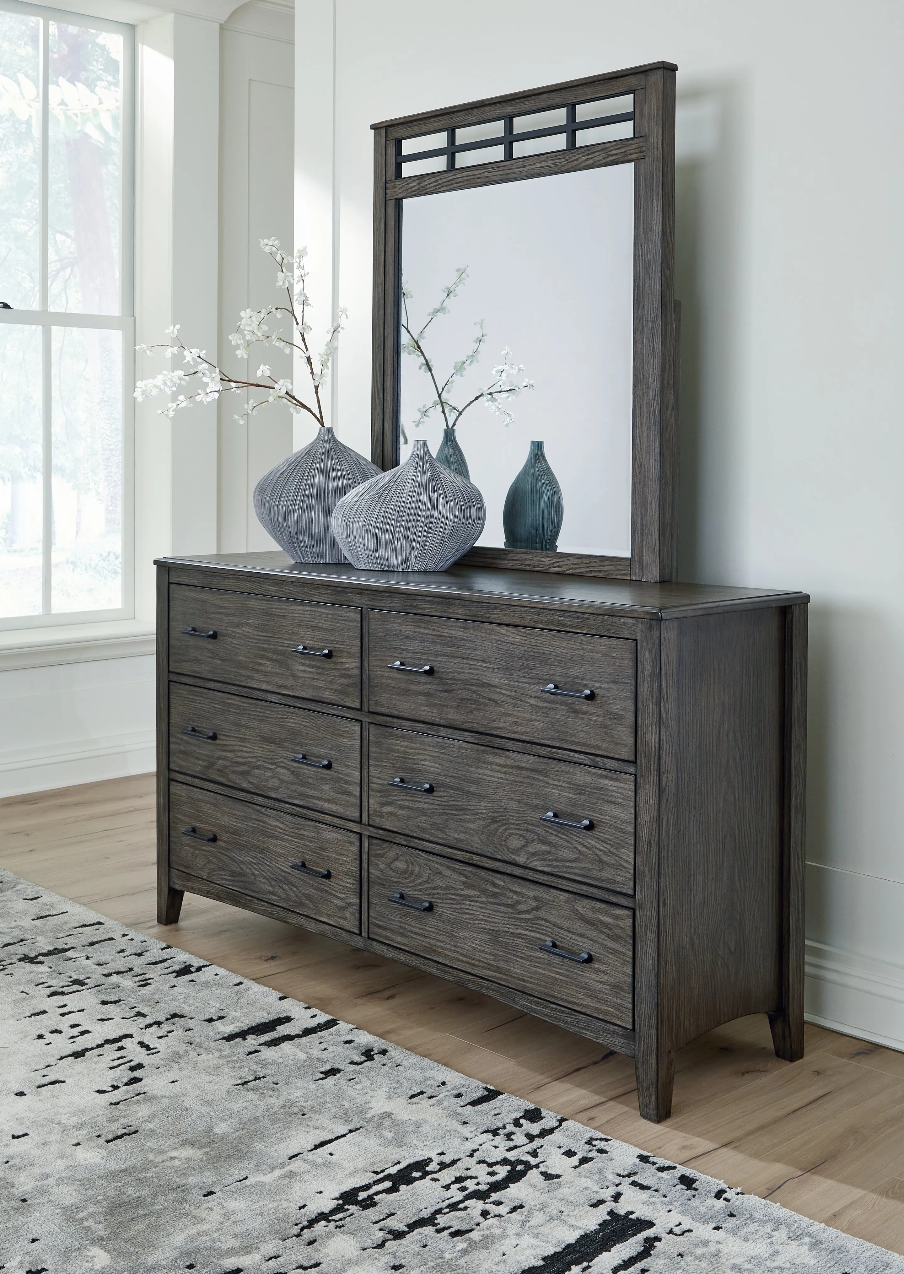 Montillan Queen Panel Bed with Mirrored Dresser and 2 Nightstands in Grayish Brown