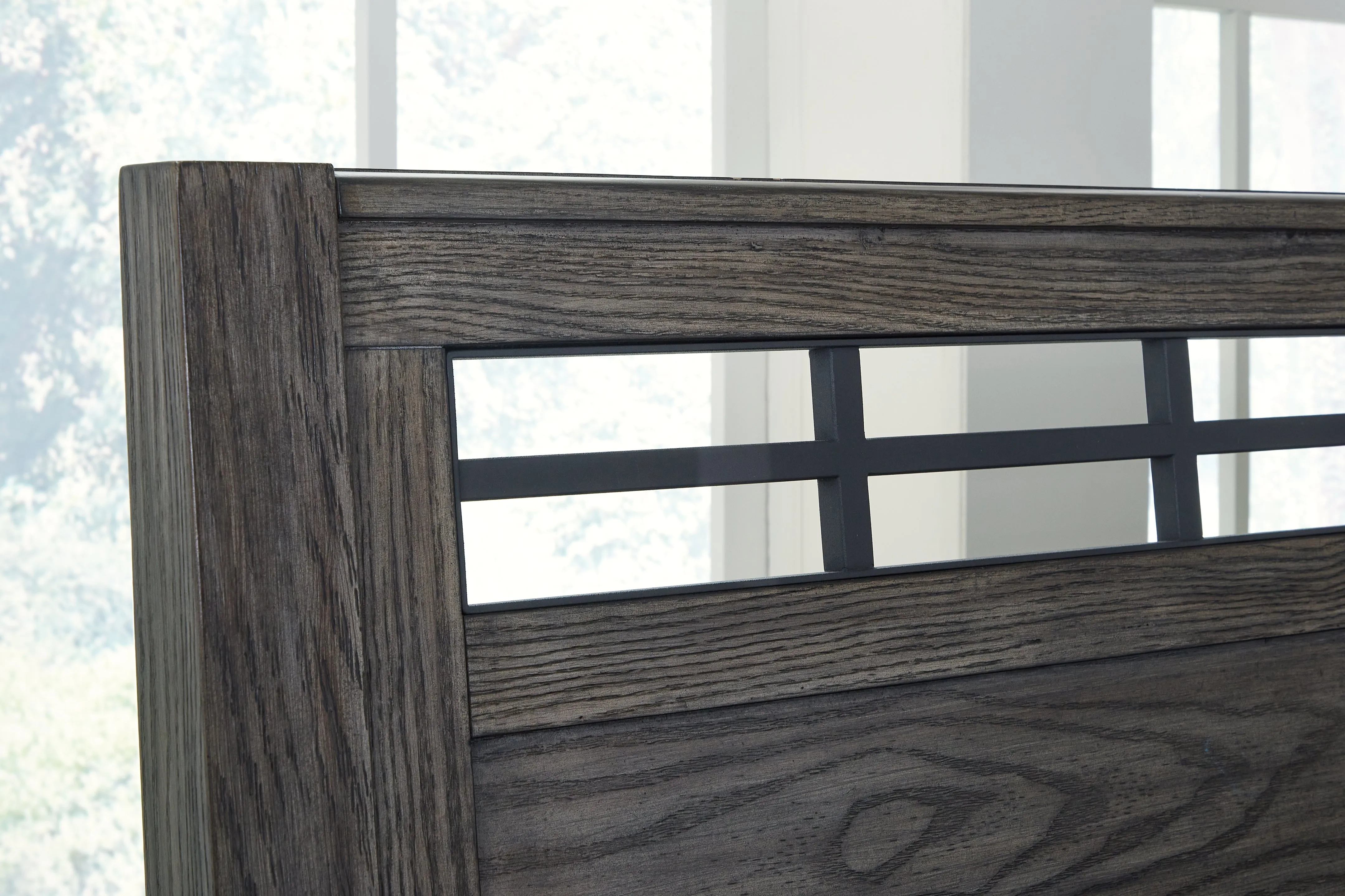 Montillan Queen Panel Bed with Mirrored Dresser and 2 Nightstands in Grayish Brown