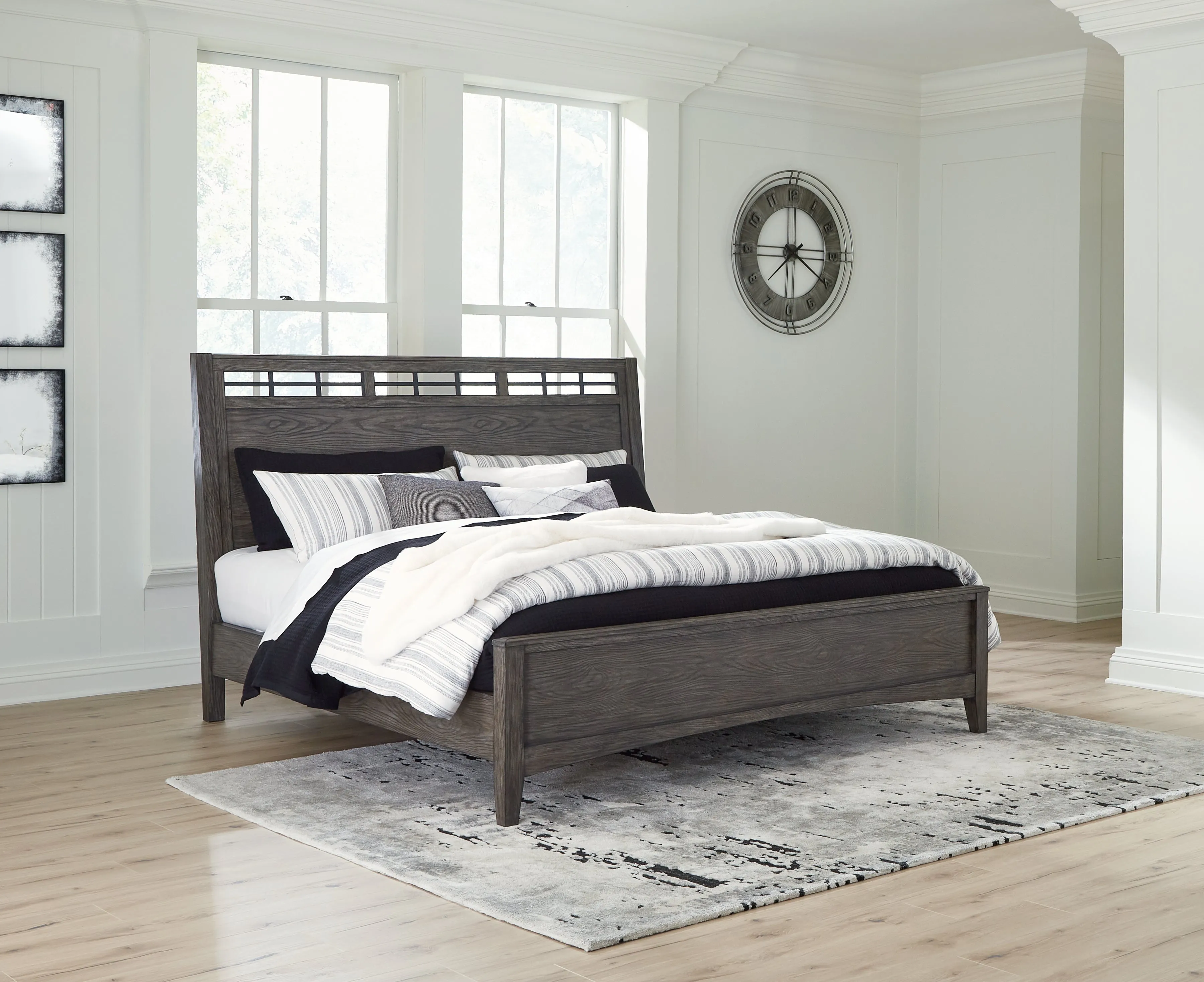 Montillan Queen Panel Bed with Mirrored Dresser and 2 Nightstands in Grayish Brown