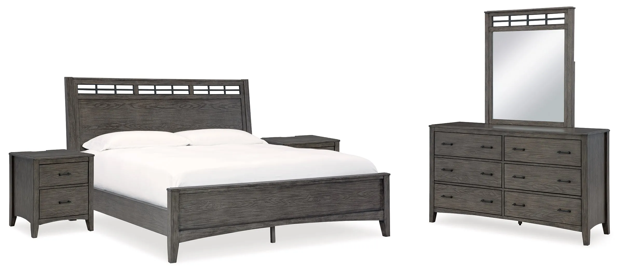 Montillan Queen Panel Bed with Mirrored Dresser and 2 Nightstands in Grayish Brown