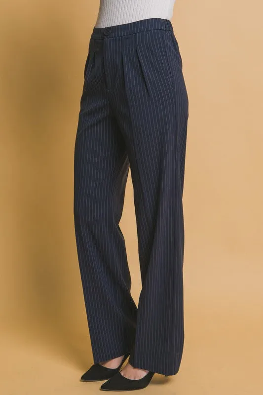Navy Formal Striped Straight-Leg Pants