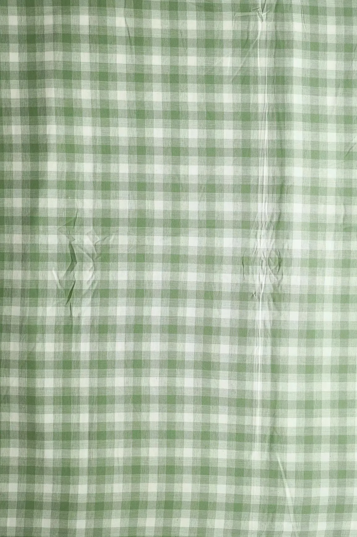 Olive And White Checks Pattern Handwoven Organic Cotton Fabric