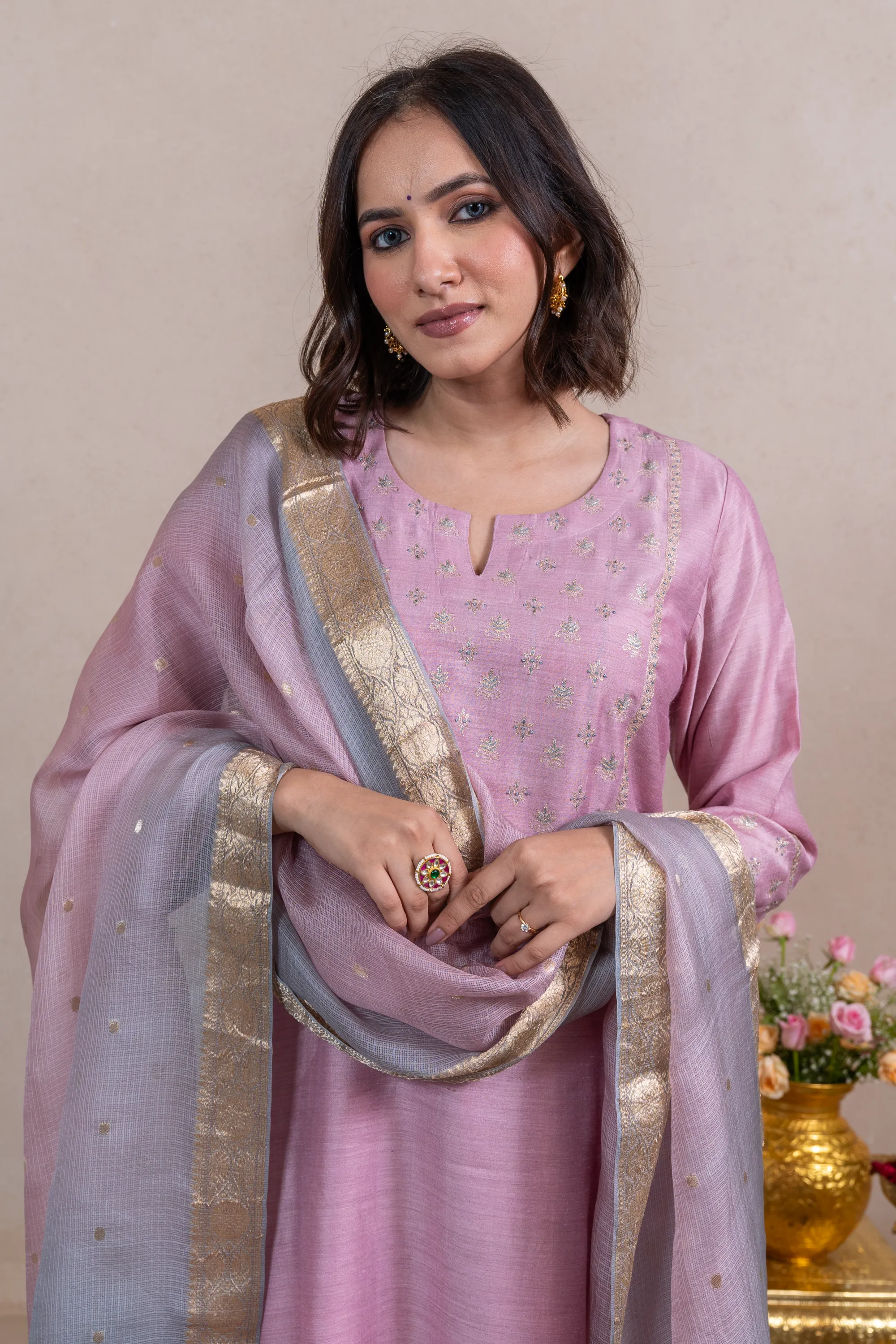 Raysham Light Pink Embroidered Tusser Silk Set of 3 | Ray-ethnic