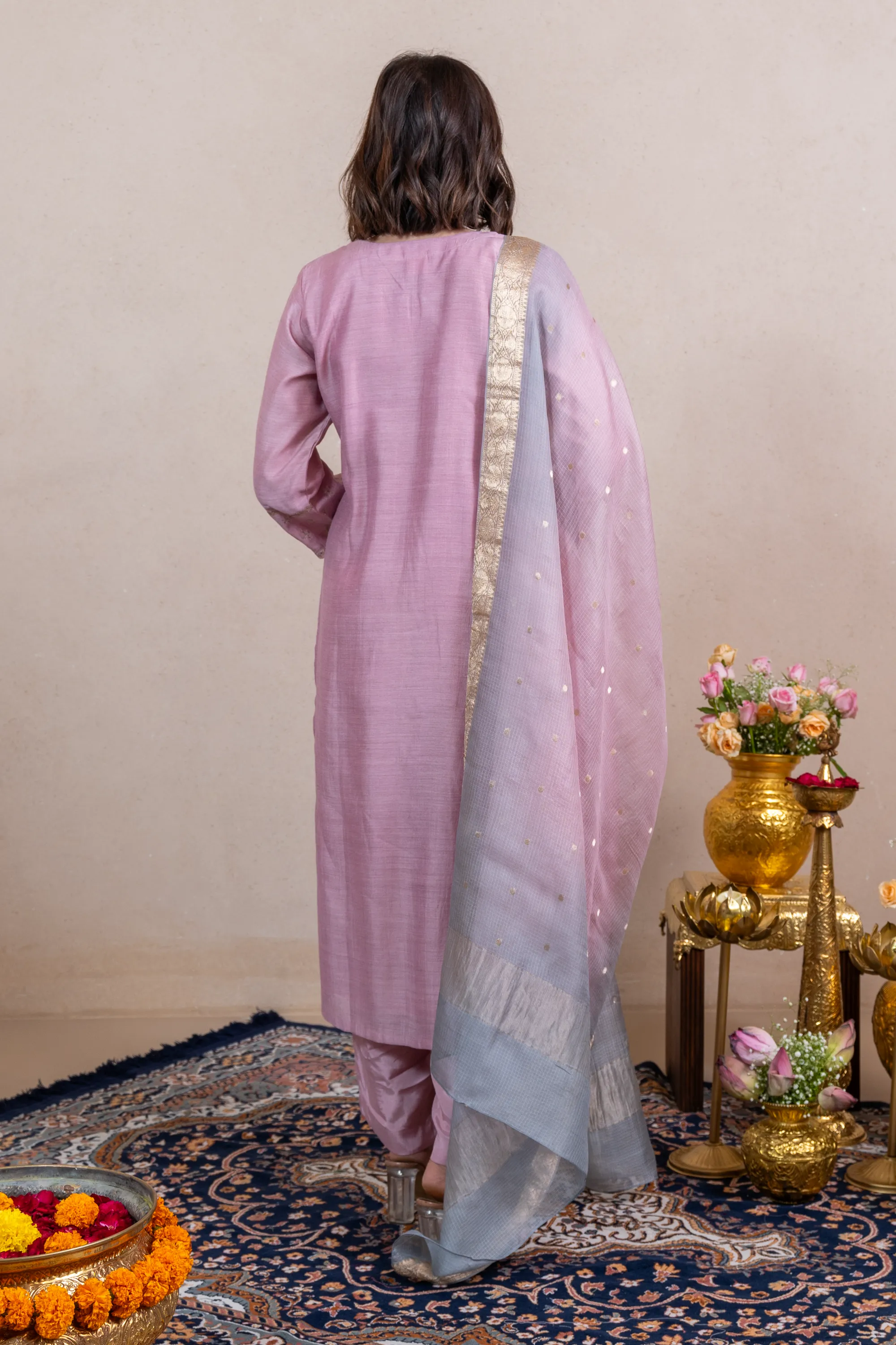 Raysham Light Pink Embroidered Tusser Silk Set of 3 | Ray-ethnic