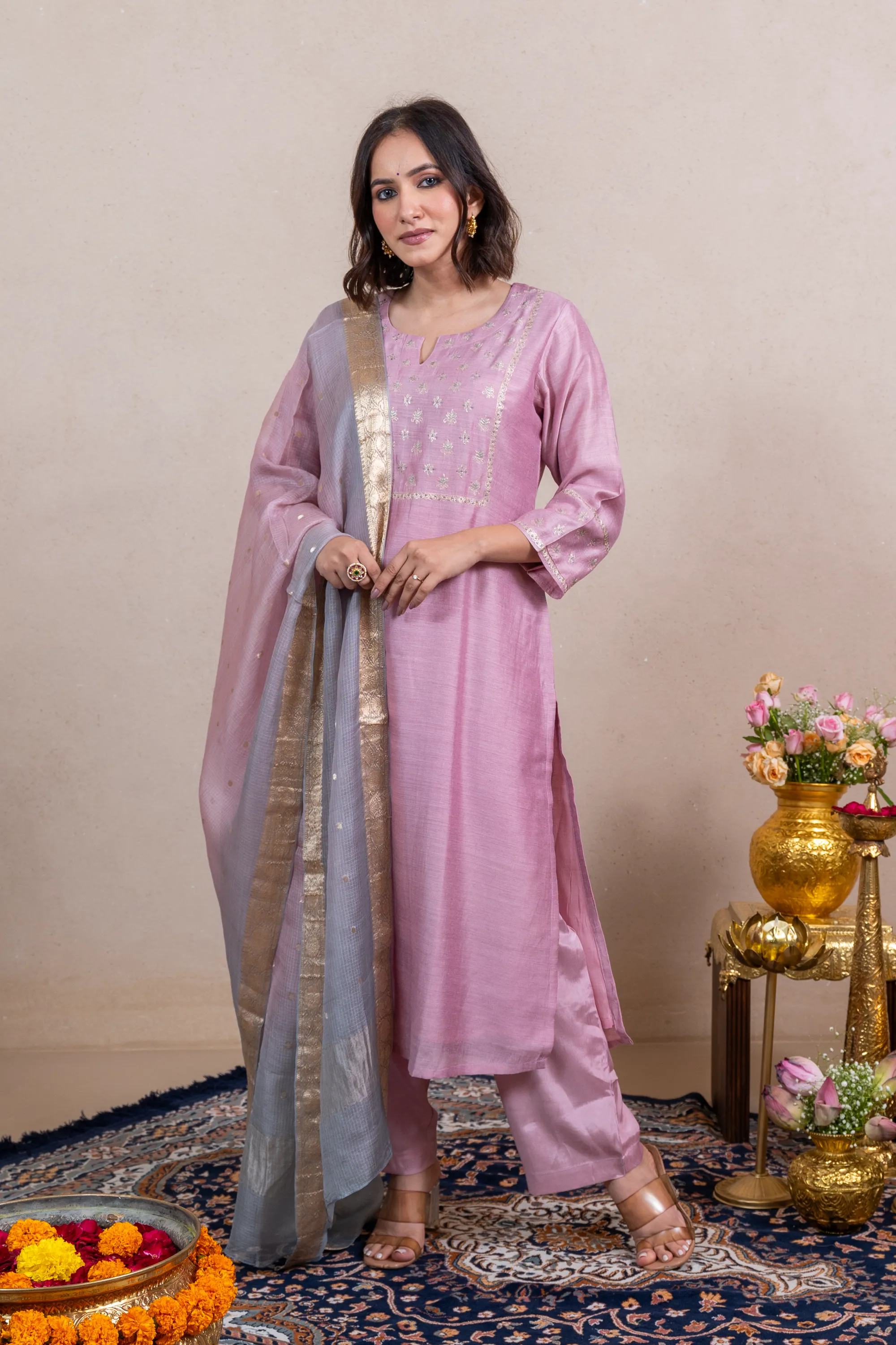 Raysham Light Pink Embroidered Tusser Silk Set of 3 | Ray-ethnic