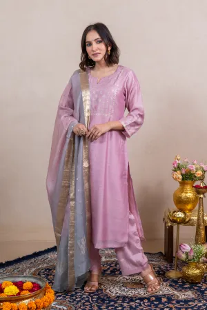 Raysham Light Pink Embroidered Tusser Silk Set of 3 | Ray-ethnic