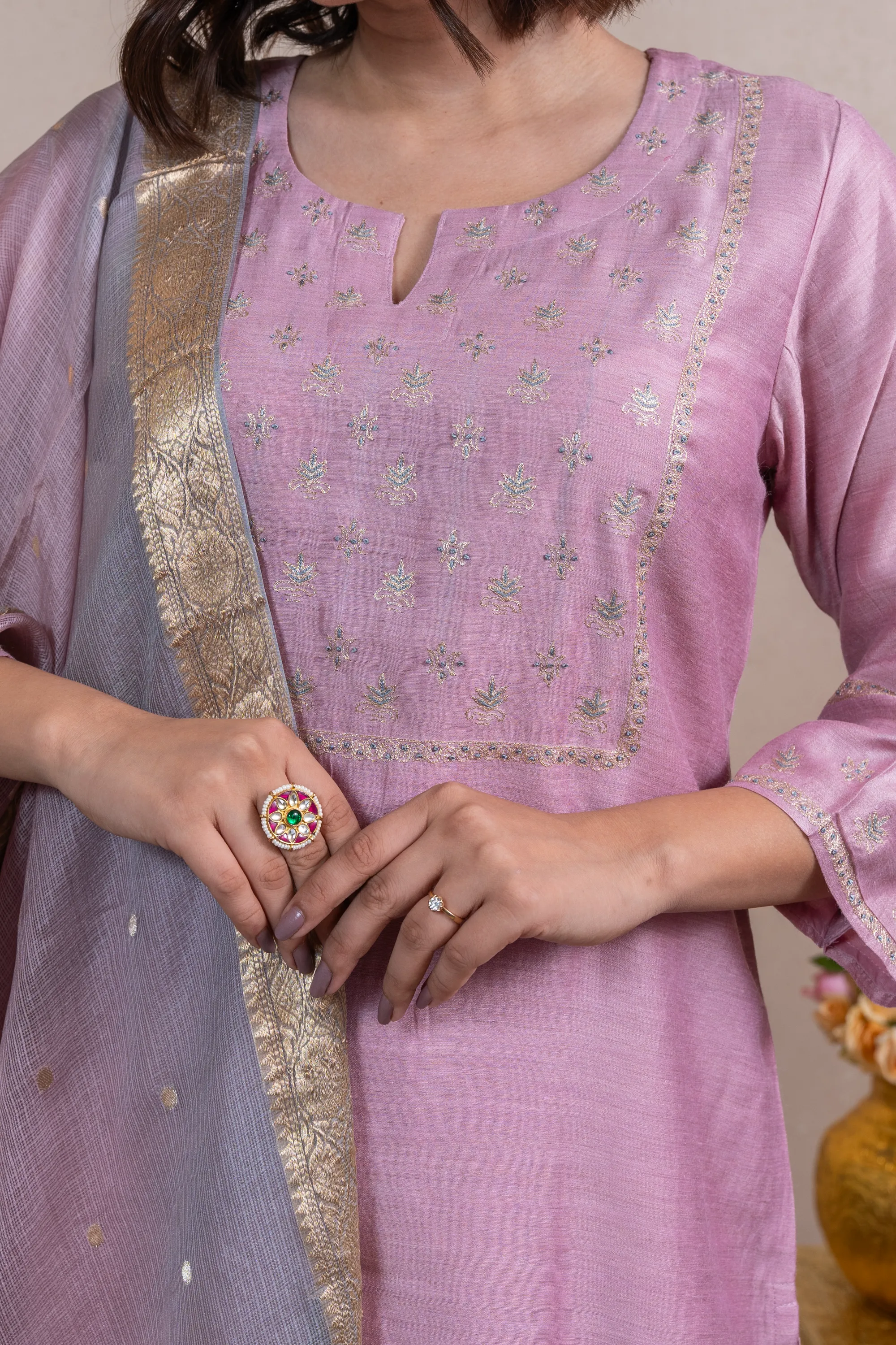 Raysham Light Pink Embroidered Tusser Silk Set of 3 | Ray-ethnic