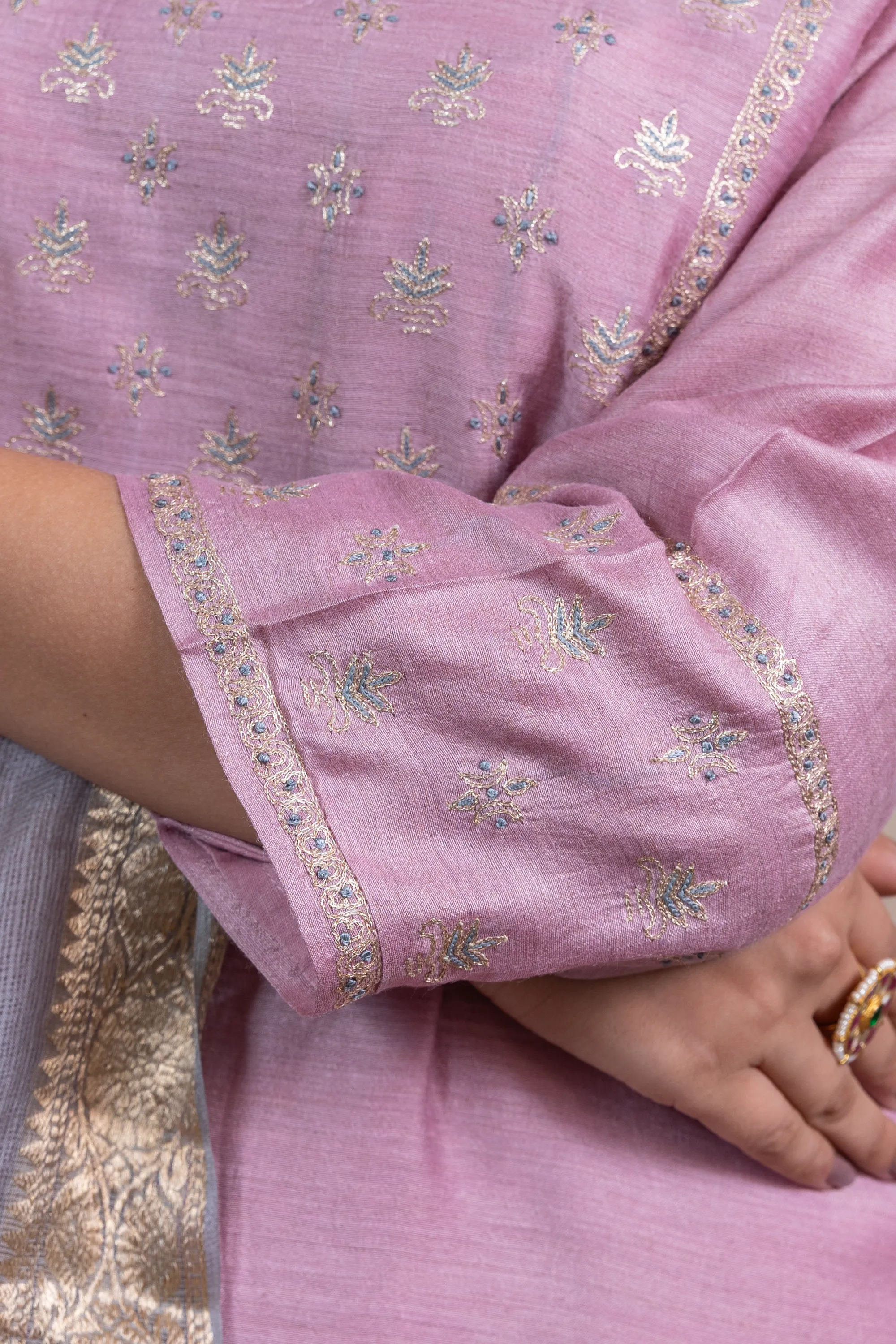 Raysham Light Pink Embroidered Tusser Silk Set of 3 | Ray-ethnic