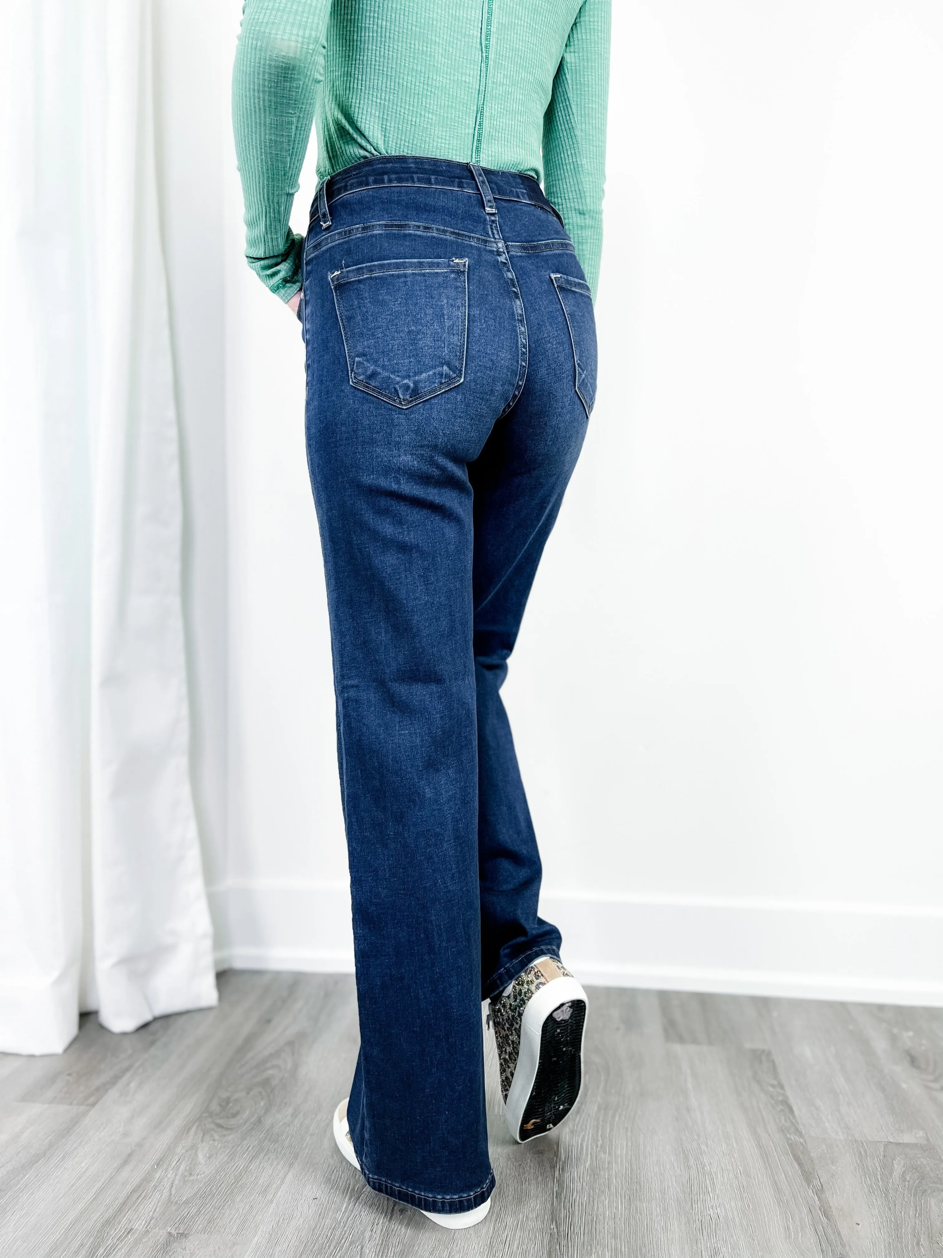 Risen Mid Rise Dark Wash Wide Leg Jeans