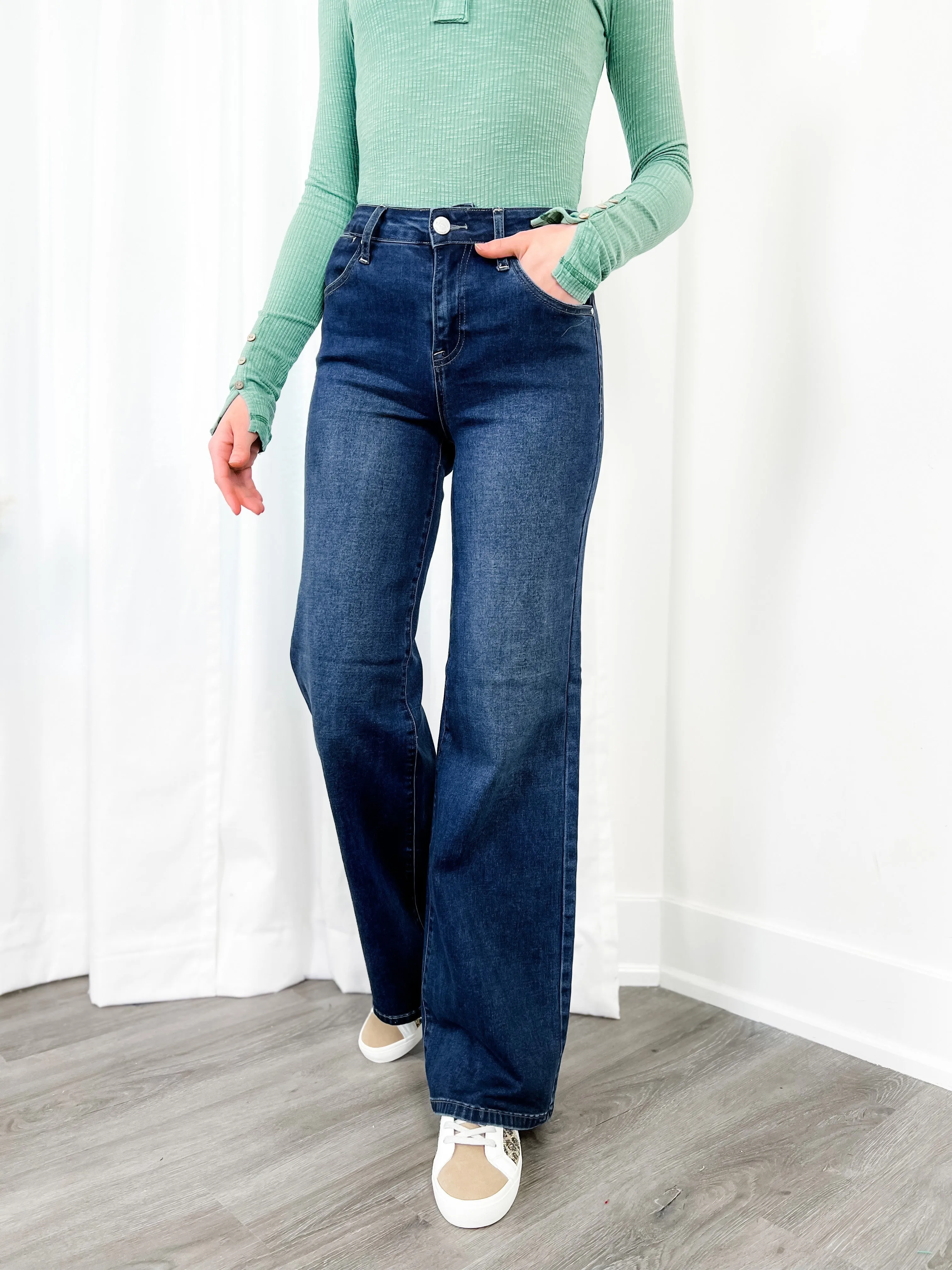 Risen Mid Rise Dark Wash Wide Leg Jeans