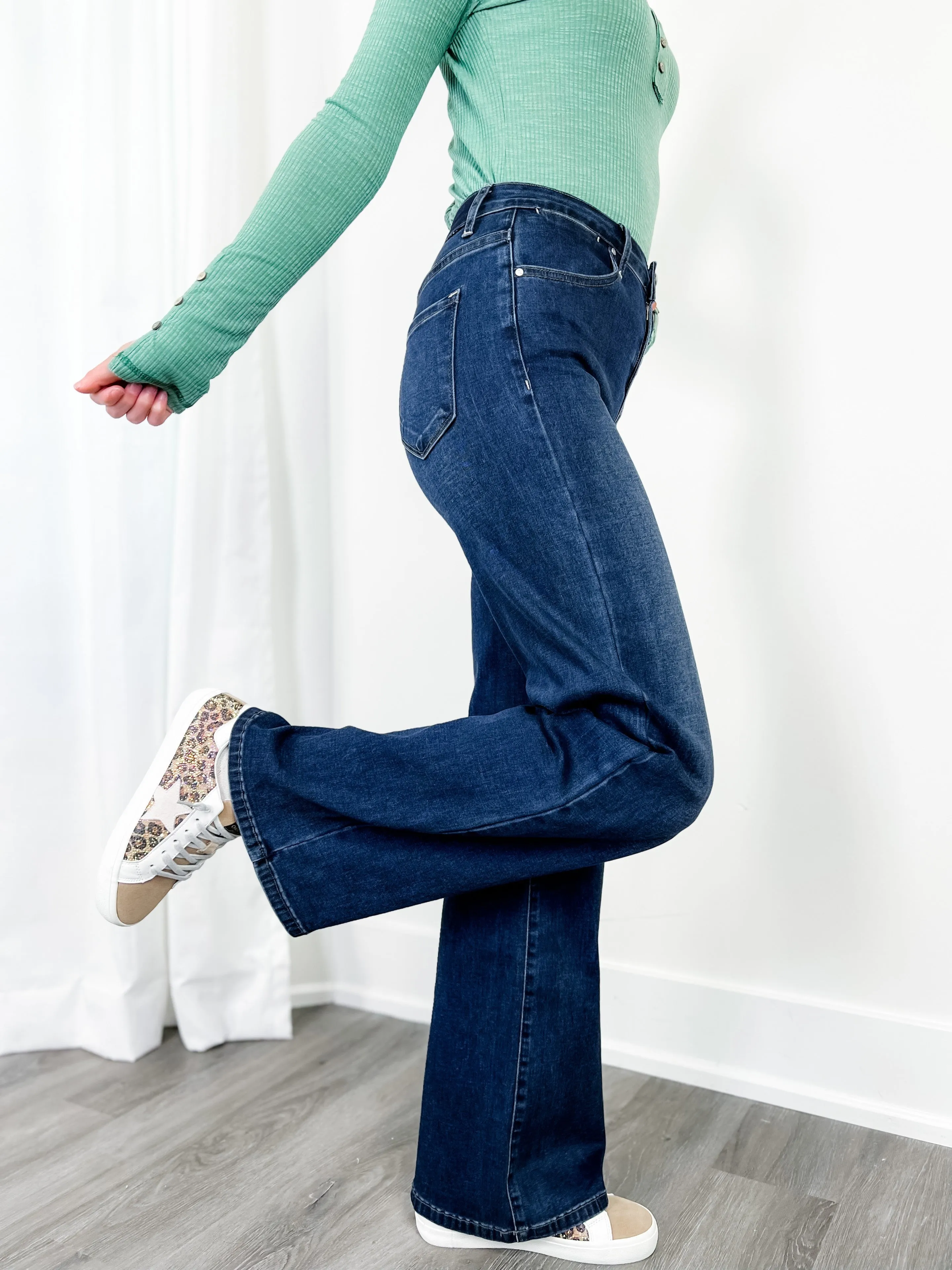 Risen Mid Rise Dark Wash Wide Leg Jeans