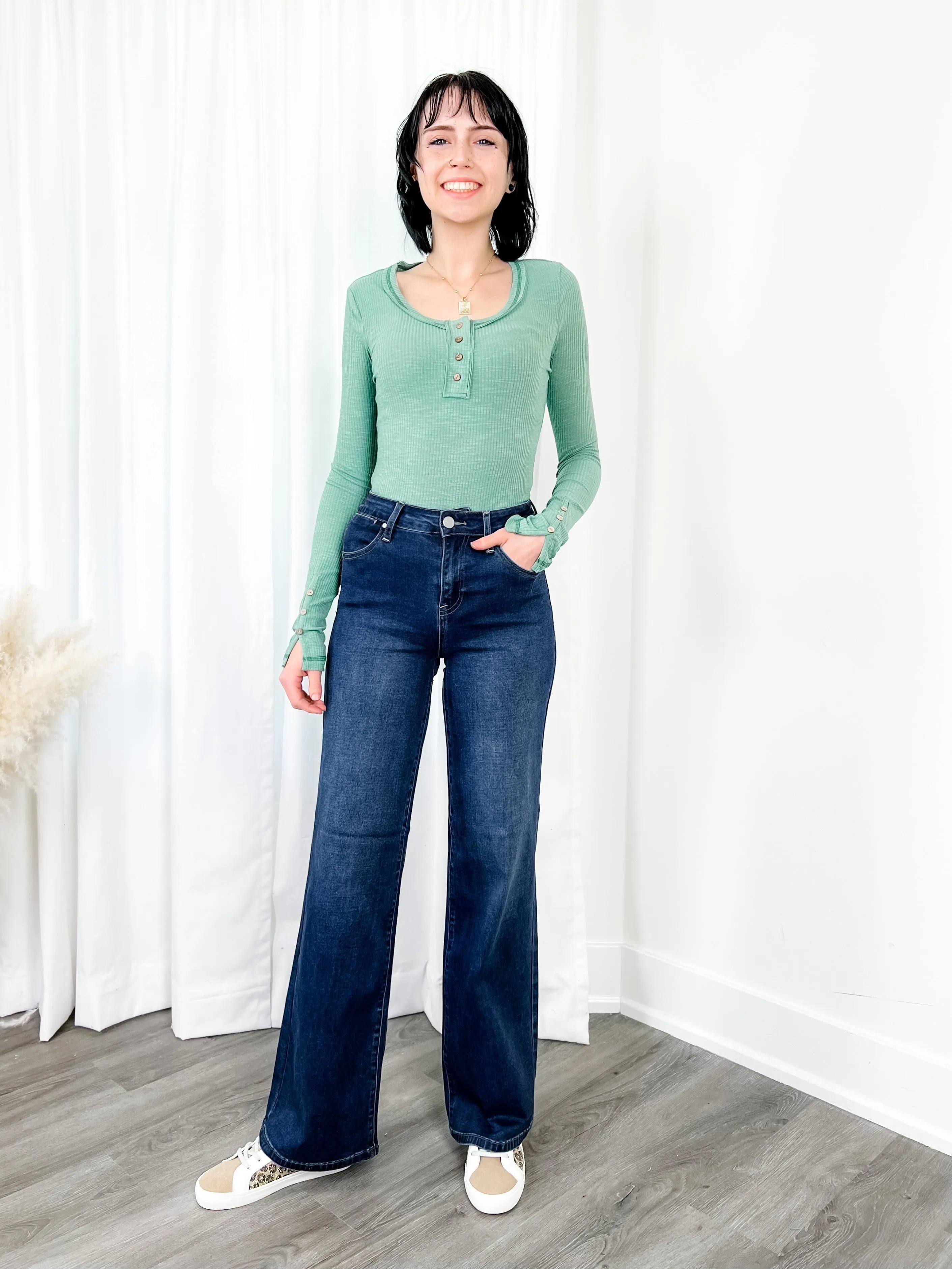 Risen Mid Rise Dark Wash Wide Leg Jeans