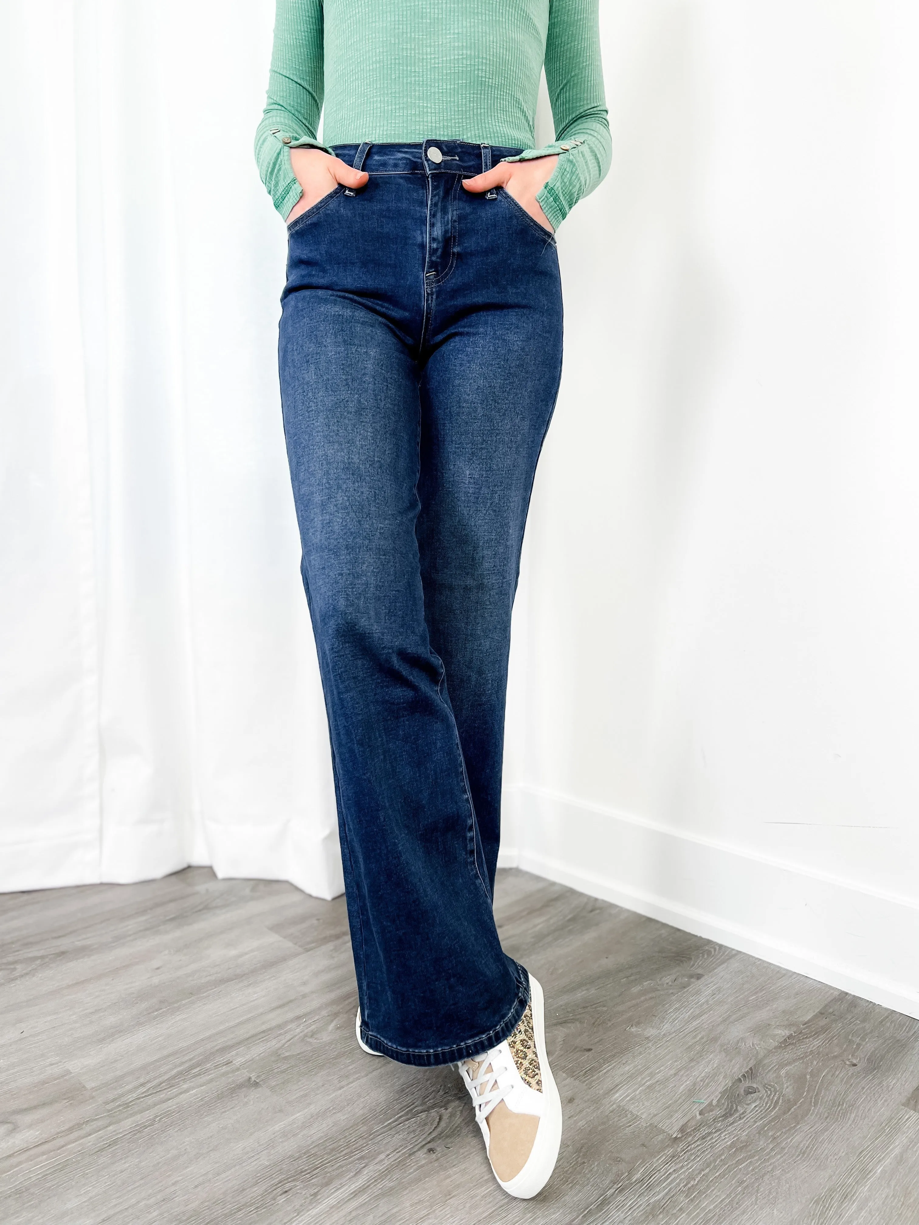 Risen Mid Rise Dark Wash Wide Leg Jeans