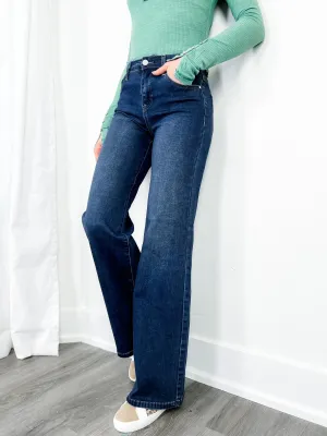 Risen Mid Rise Dark Wash Wide Leg Jeans