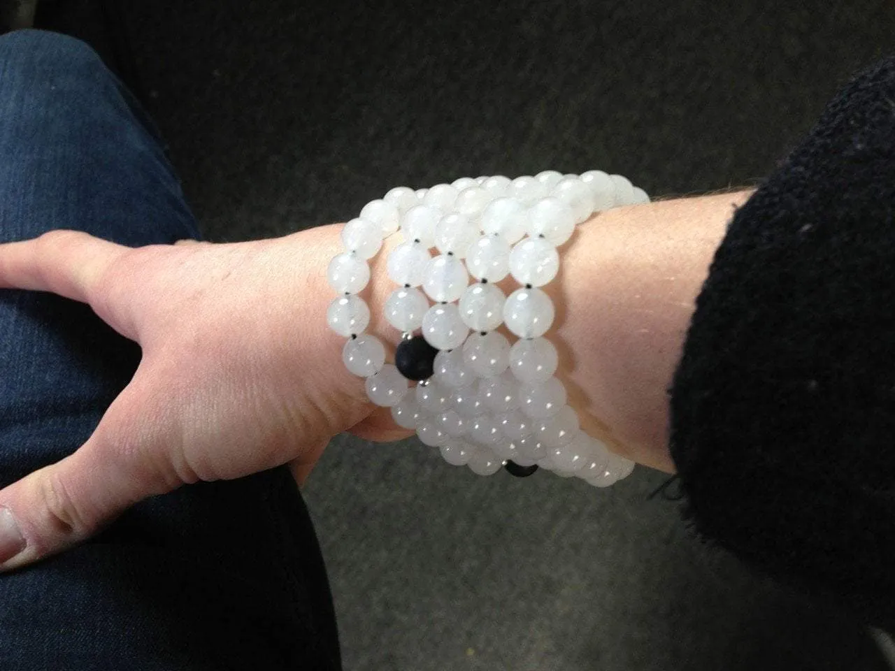 Stretchy 108 bead Snow Quartz and Labrodite Mala