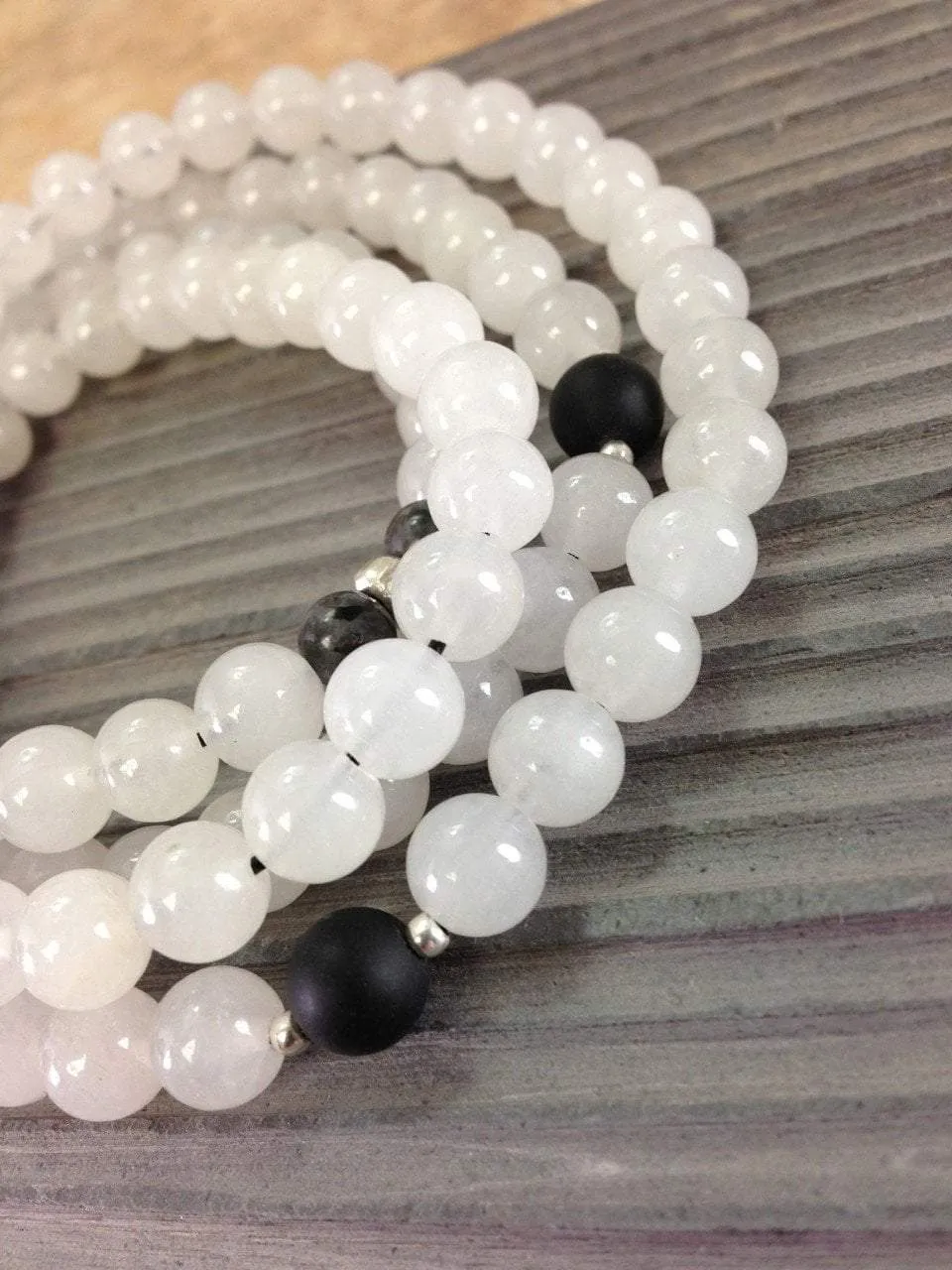 Stretchy 108 bead Snow Quartz and Labrodite Mala