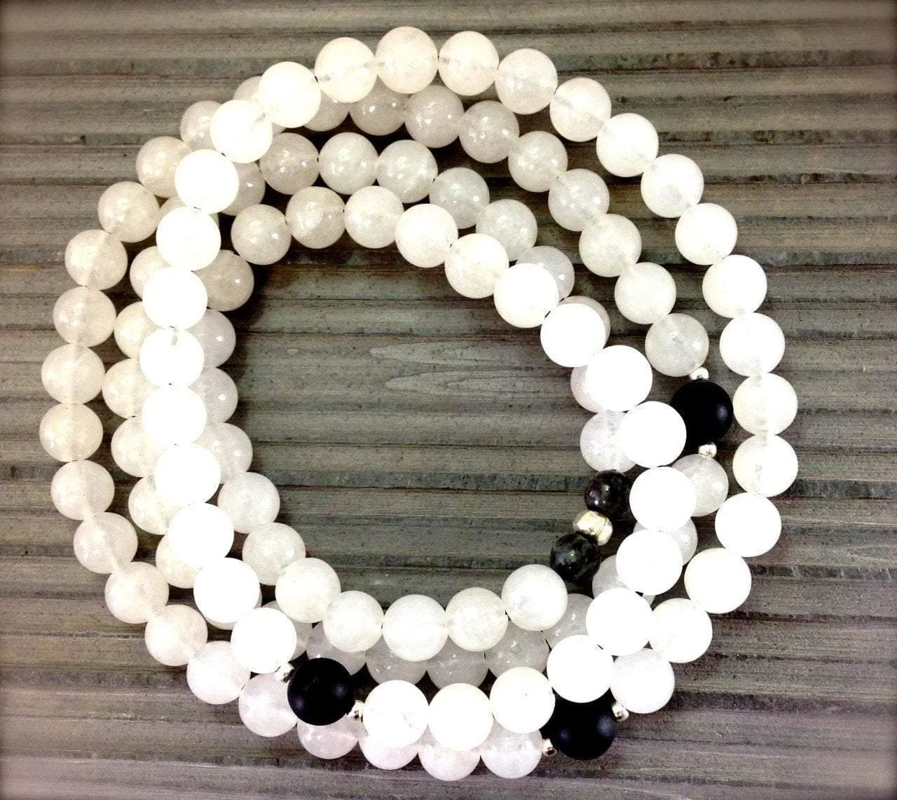 Stretchy 108 bead Snow Quartz and Labrodite Mala