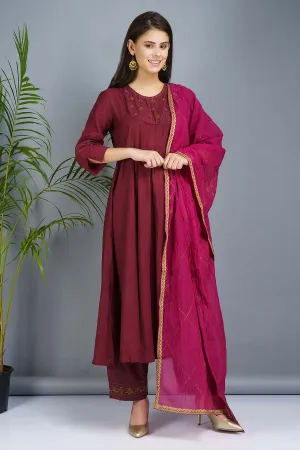 Wine & Fuchsia Embroidered Kurta Set