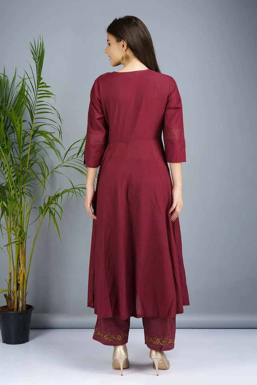 Wine & Fuchsia Embroidered Kurta Set