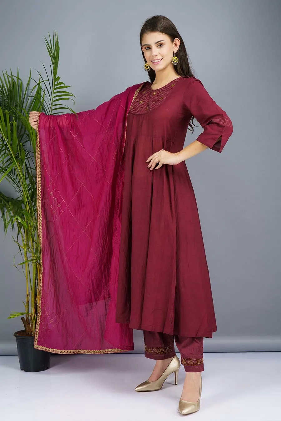 Wine & Fuchsia Embroidered Kurta Set