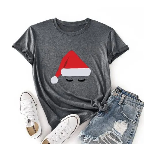 Women Santa Hat Cute Eyes Graphic Christmas T-Shirt
