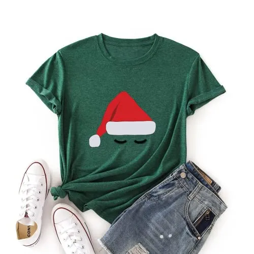 Women Santa Hat Cute Eyes Graphic Christmas T-Shirt