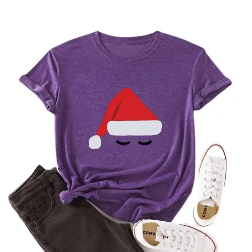 Women Santa Hat Cute Eyes Graphic Christmas T-Shirt