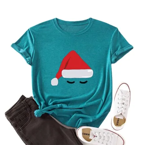 Women Santa Hat Cute Eyes Graphic Christmas T-Shirt