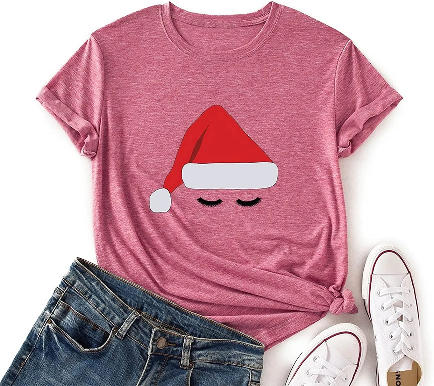 Women Santa Hat Cute Eyes Graphic Christmas T-Shirt