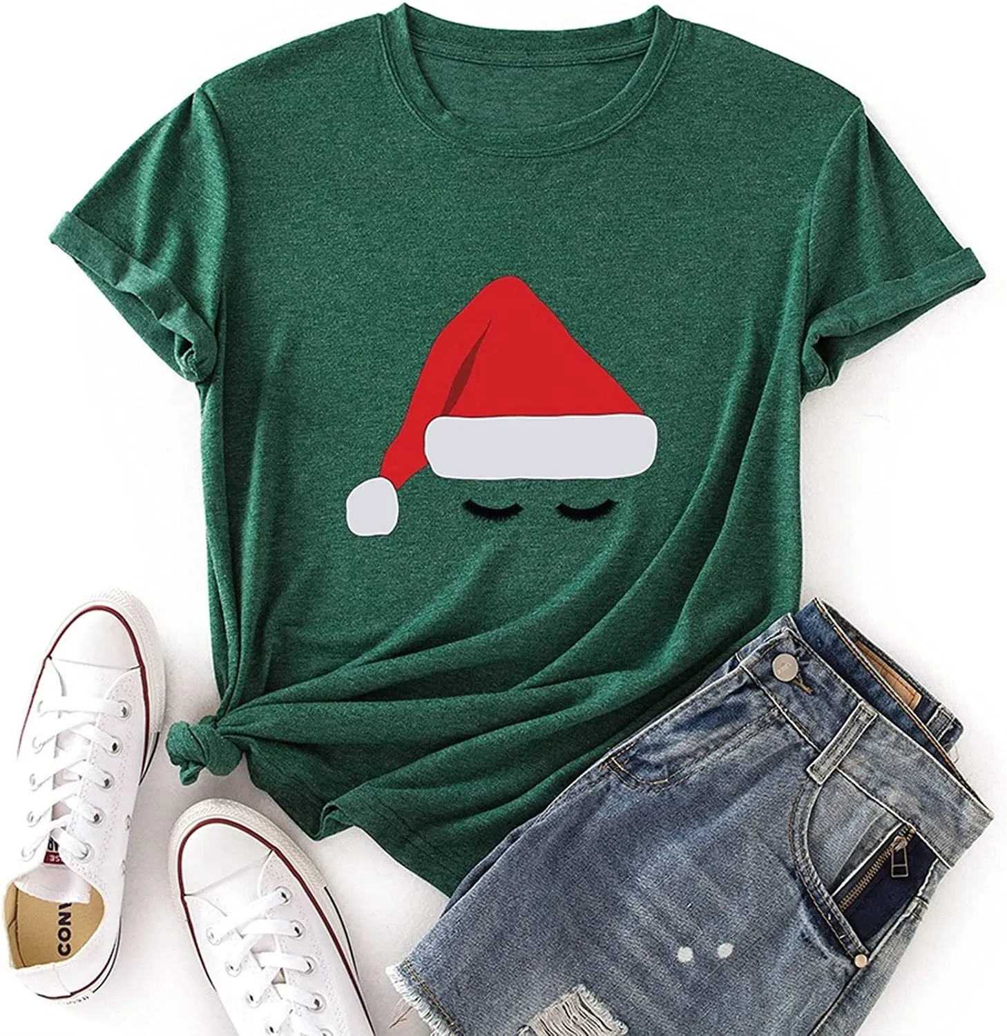 Women Santa Hat Cute Eyes Graphic Christmas T-Shirt