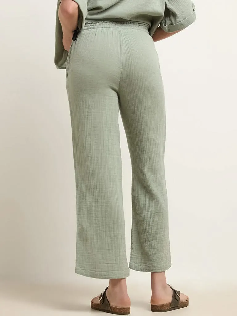 Wunderlove Green Cotton Crinkled Relaxed Beach Pants